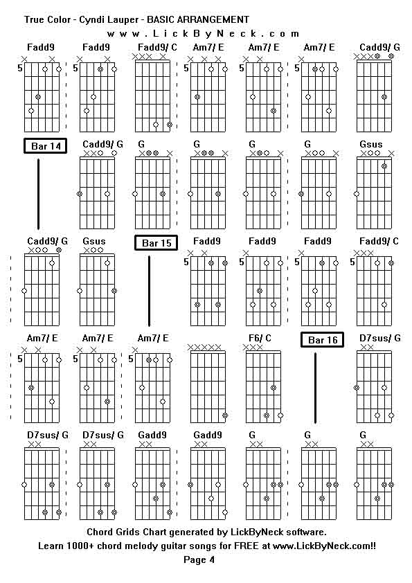 Chord Grids Chart of chord melody fingerstyle guitar song-True Color - Cyndi Lauper - BASIC ARRANGEMENT,generated by LickByNeck software.